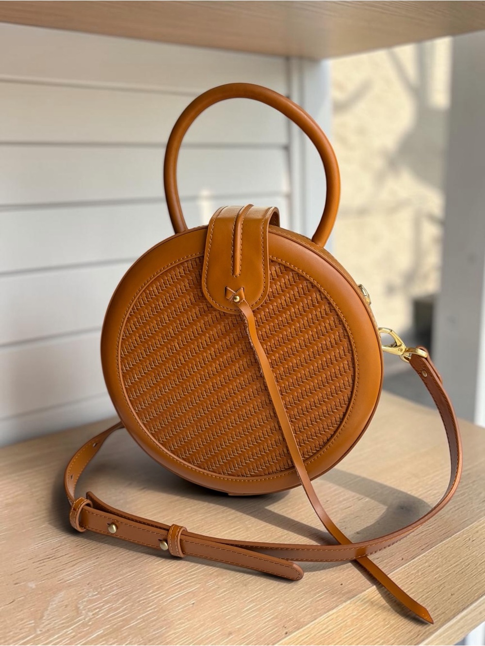 Sanica Woven Leather Round Canteen Crossbody Bag in Tan